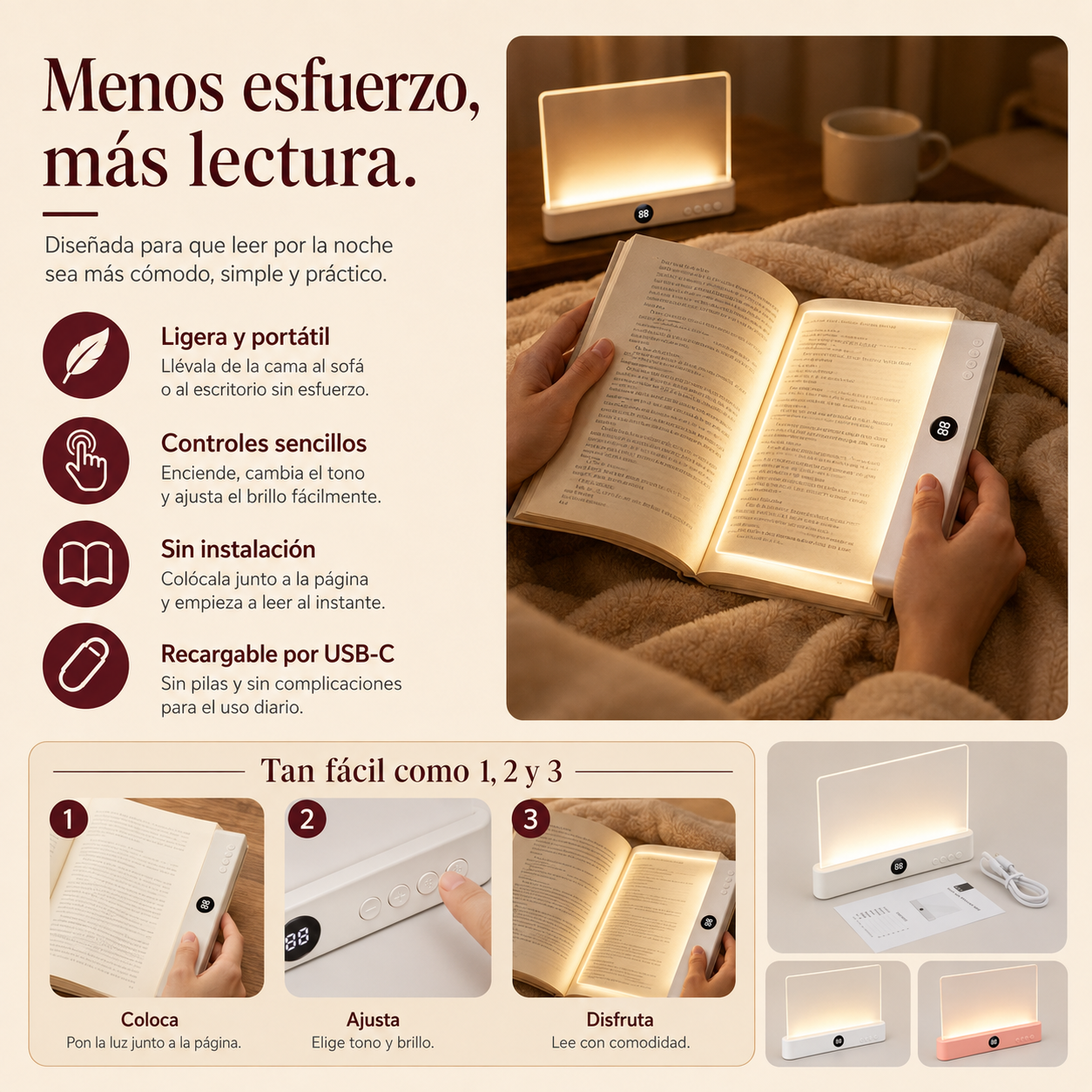 Luz de Lectura LED 2 en 1 Recargable con Temporizador